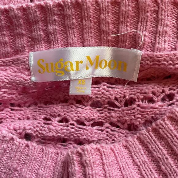 Sugar Moon Pink Open Weave Cropped Long Sleeve Short Crochet Cotton Sweater XS - Picture 4 of 7